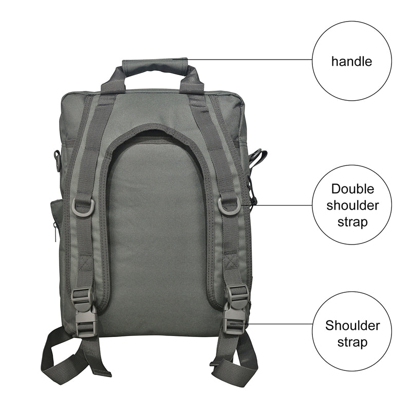 Back view of gray tactical sling backpack with adjustable shoulder strap and carry handle