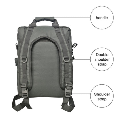 Back view of gray tactical sling backpack with adjustable shoulder strap and carry handle