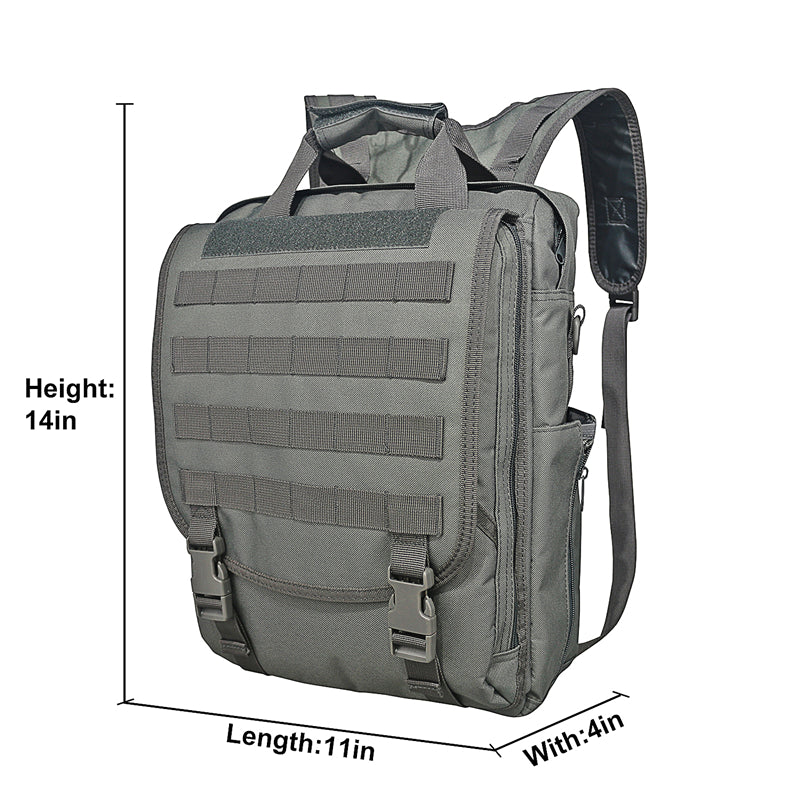 Gray tactical sling backpack showing product dimensions and compact design