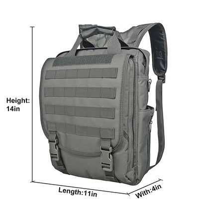 Gray tactical sling backpack showing product dimensions and compact design