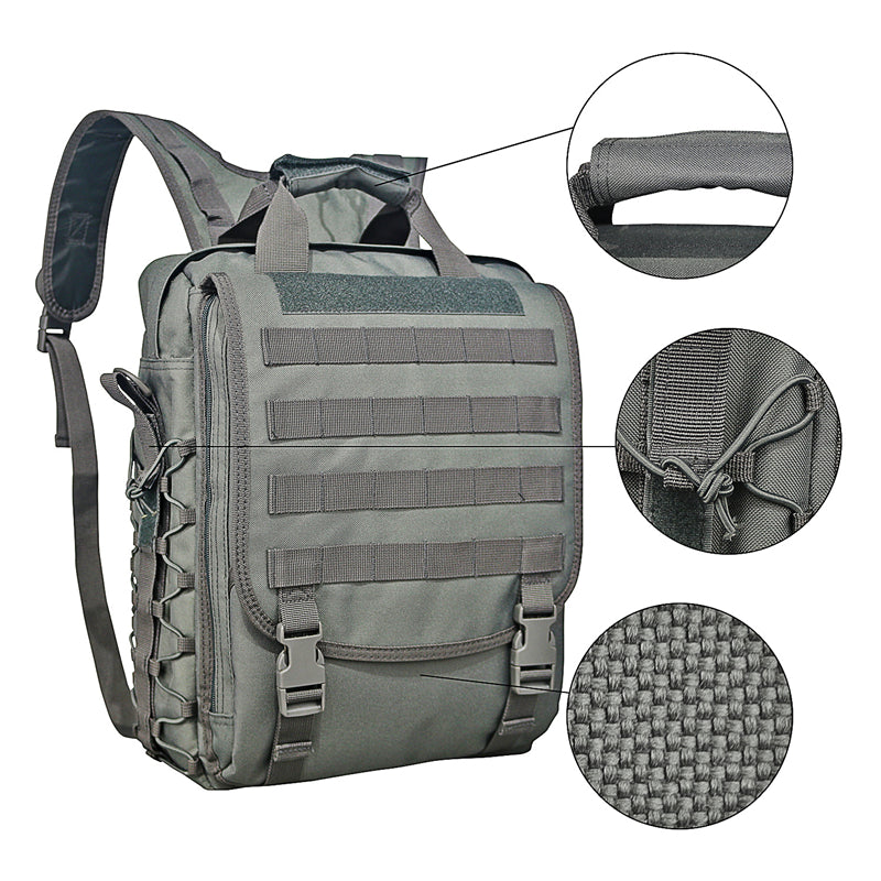 Gray tactical sling backpack with MOLLE webbing, padded handle, and water-resistant fabric