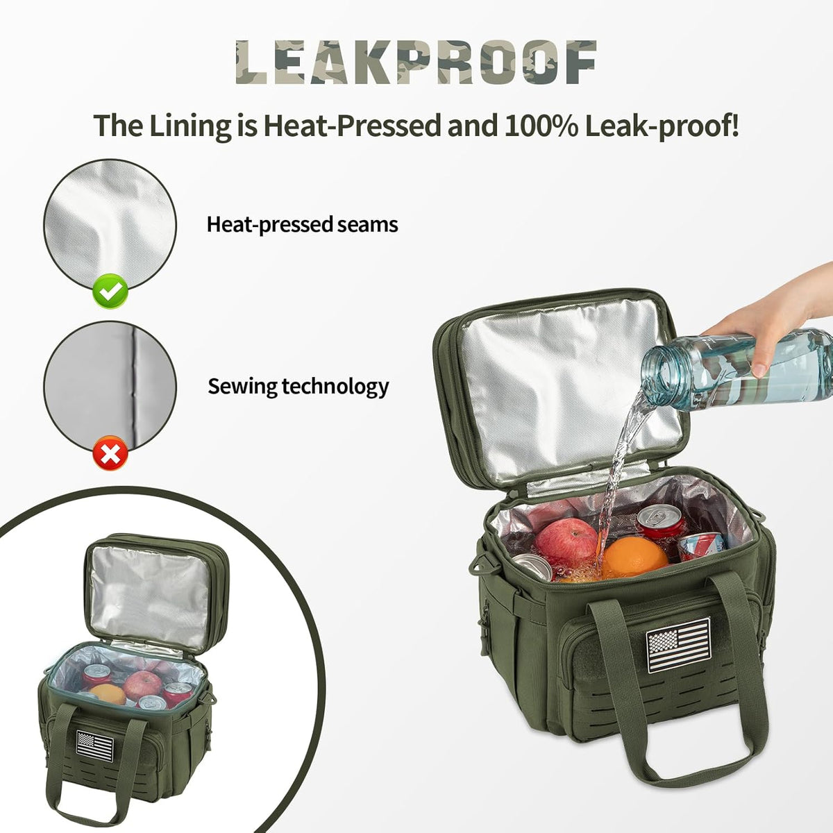 Green leakproof cooler bag with a hand pouring water into it, highlighting heat-pressed seams.