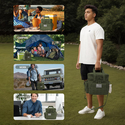 Person holding a green bag with various scenarios including picnic, camping, work, and office depicted.