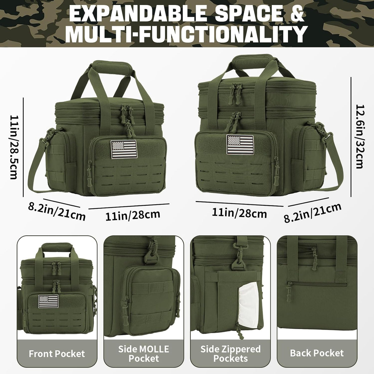 Green tactical bag with multiple pockets and expandable space, featuring dimensions and flag patch.