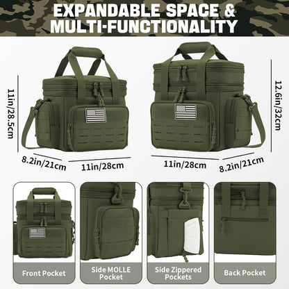 Green tactical bag with multiple pockets and expandable space, featuring dimensions and flag patch.
