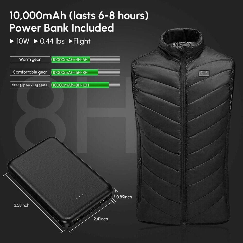 Black puffer vest with power bank on a dark background