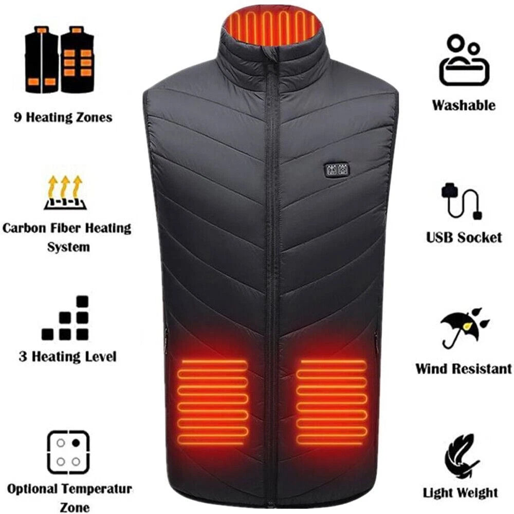 Heated vest with features highlighted on a white background