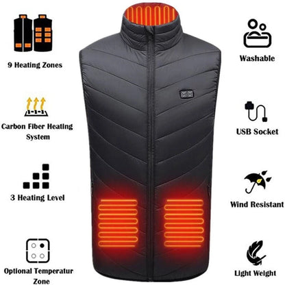Heated vest with features highlighted on a white background