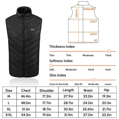 Black quilted vest with measurement chart and thickness index on a white background