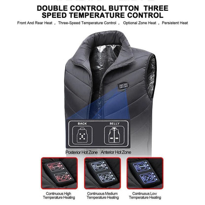 Heated vest with control buttons and temperature settings on a white background