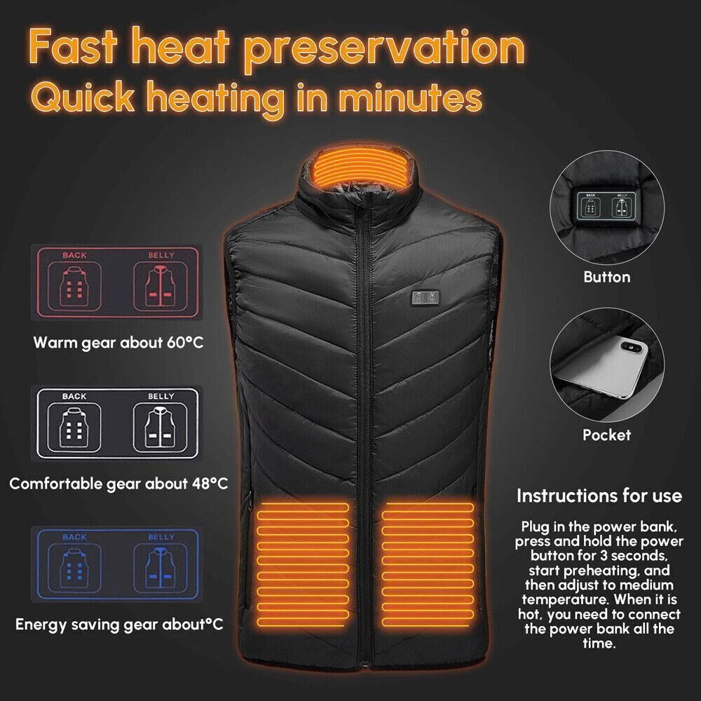 A black quilted electric heating vest with glowing orange graphic lines highlighting heat zones, shown on a dark background with marketing text, temperature notes, and inset circles showing the button and pocket.