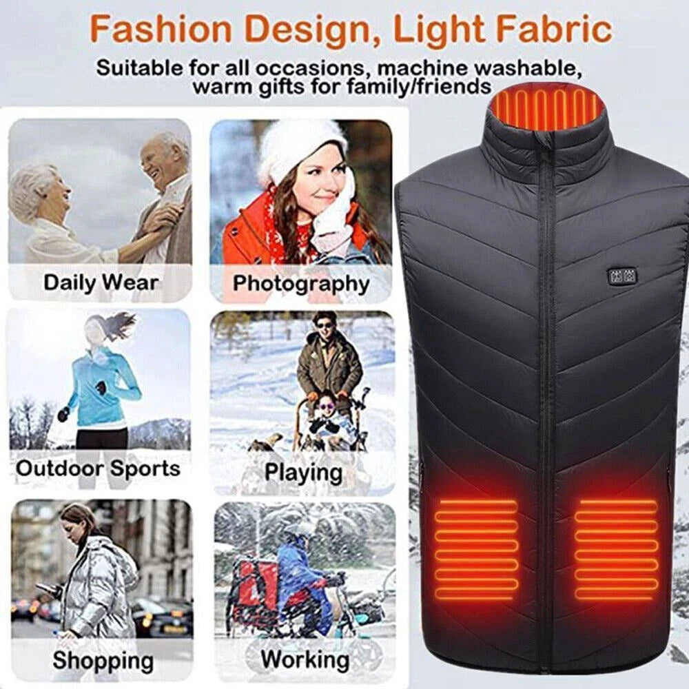 A black quilted heated vest shown on a light gray background with promotional text and lifestyle photos of people wearing it in outdoor and indoor activities. The vest has glowing orange heat-strip graphics indicating warmth, and a small chest label is visible.