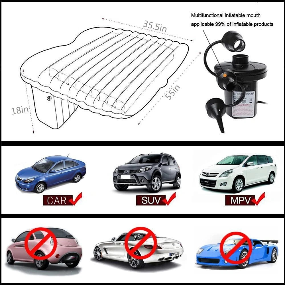 Multifunctional inflatable mat with pump and usage examples for cars, SUVs, and MPVs.
