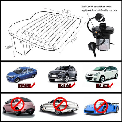 Multifunctional inflatable mat with pump and usage examples for cars, SUVs, and MPVs.