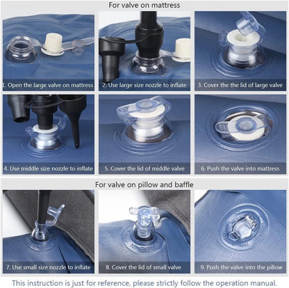 An instructional 9-step guide showing how to open and inflate the valves on a sleeping bag or pillow, featuring close-up views of the valve components and text labels for each step.