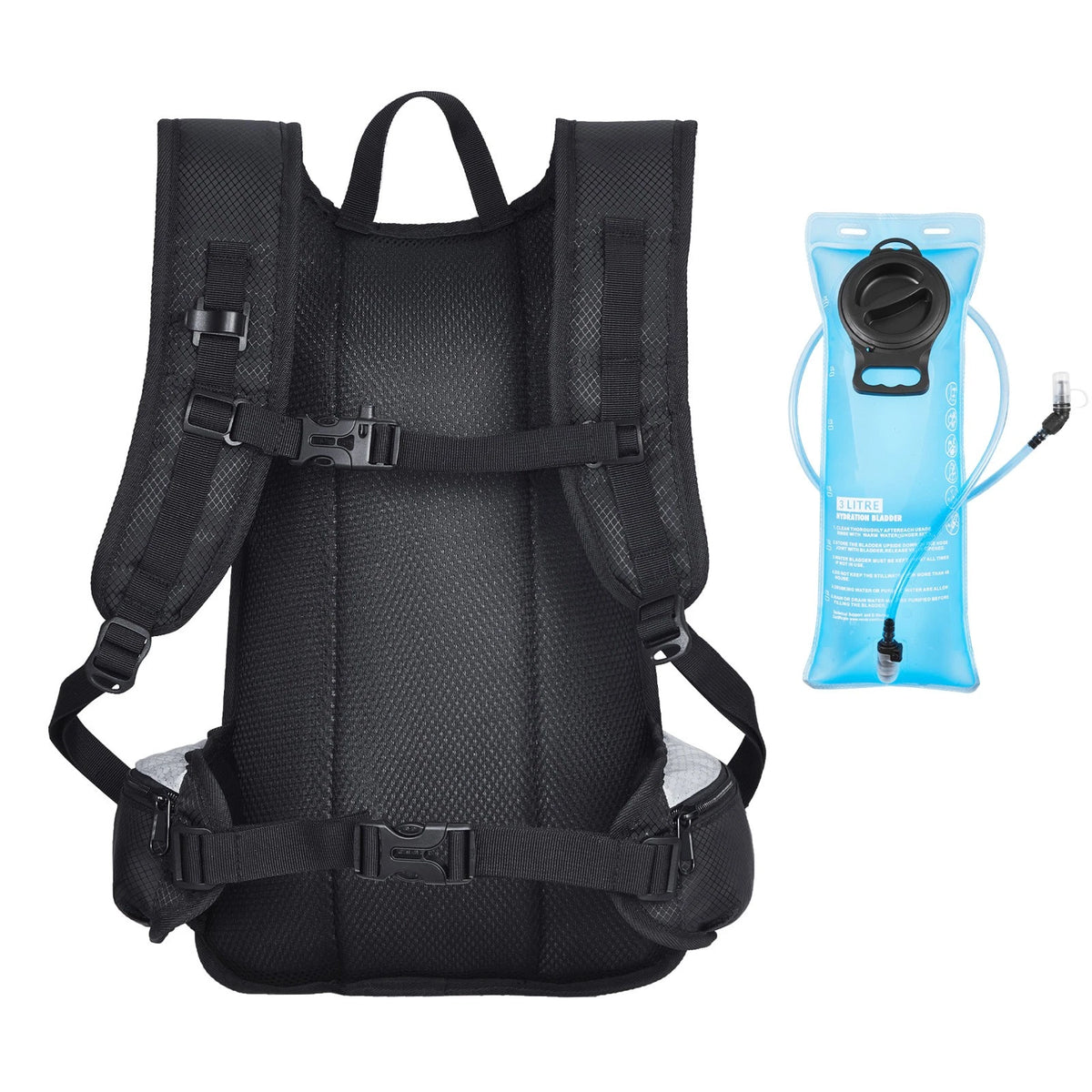 Black backpack with a blue hydration bladder on a white background