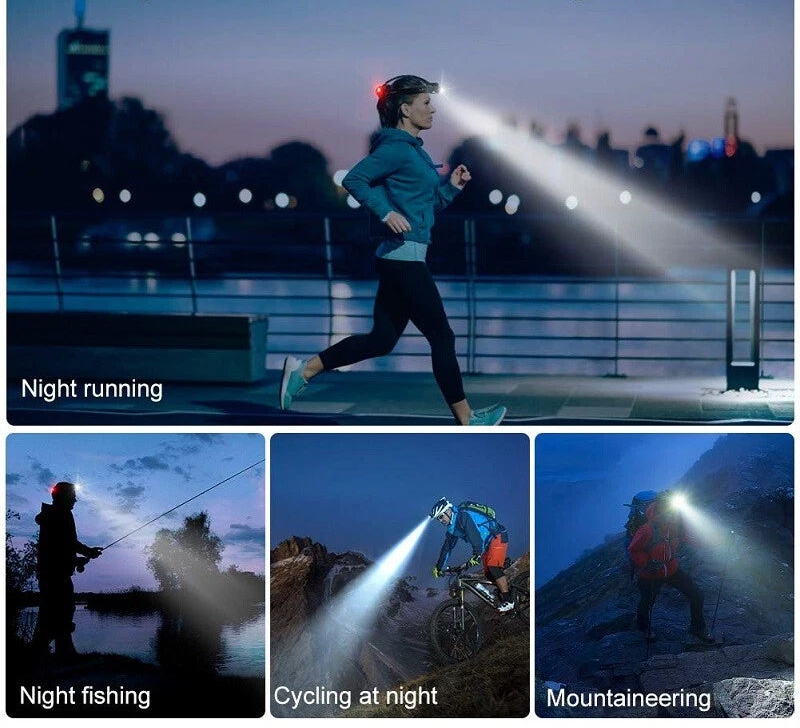 Person running with a headlamp at night, with text 'Let you exercise more safely in the dark'.