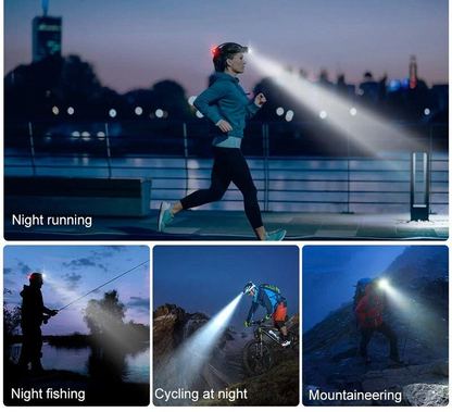 Person running with a headlamp at night, with text 'Let you exercise more safely in the dark'.