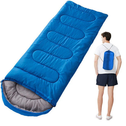 Blue sleeping bag with a person carrying a blue backpack on a white background
