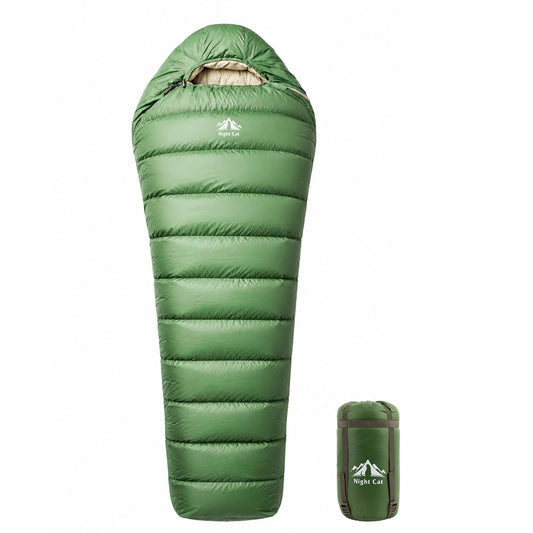 An olive green mummy-style sleeping bag shown upright next to its matching green carrying sack on a plain white background. The brand name 'Night Cat' is printed on both the sleeping bag and the bag.