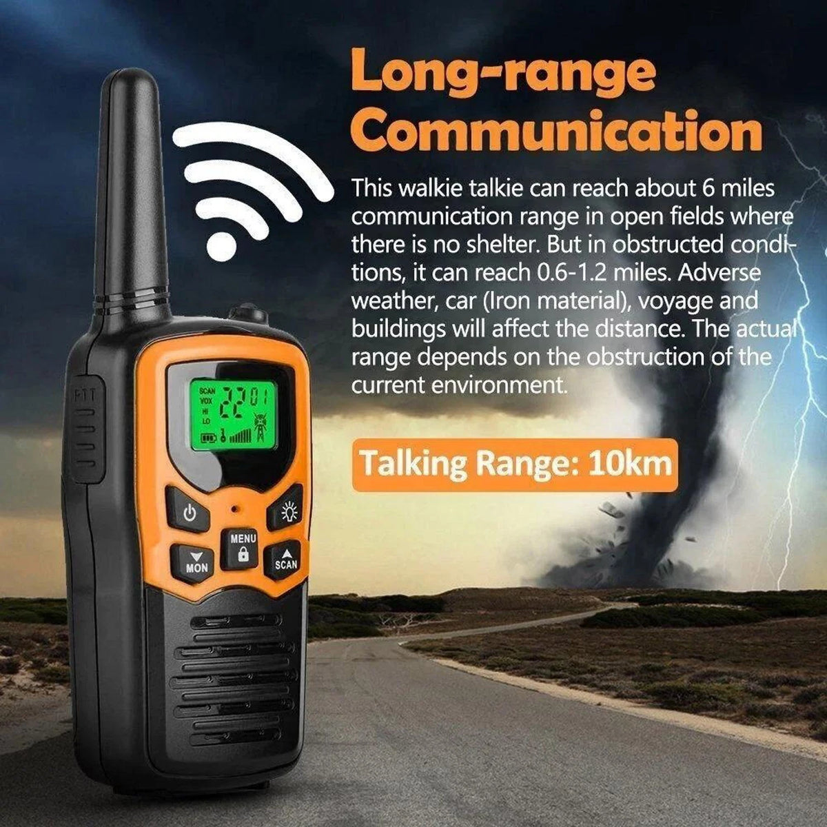 An orange and black walkie-talkie radio shown prominently on a road with storm clouds and lightning in the background, alongside marketing text about long-range communication and talking range.