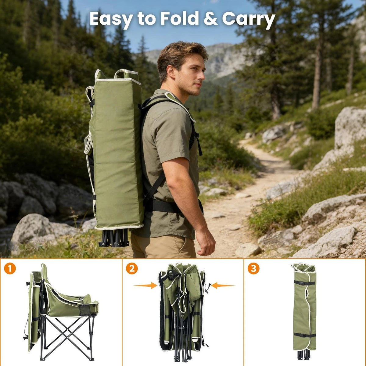 A man hiking on a mountain trail carries a large olive green backpack-style folding chair. Text at the top reads 'Easy to Fold & Carry,' and a three-step diagram along the bottom shows the chair folded into a seat, partially folded, and fully rolled.