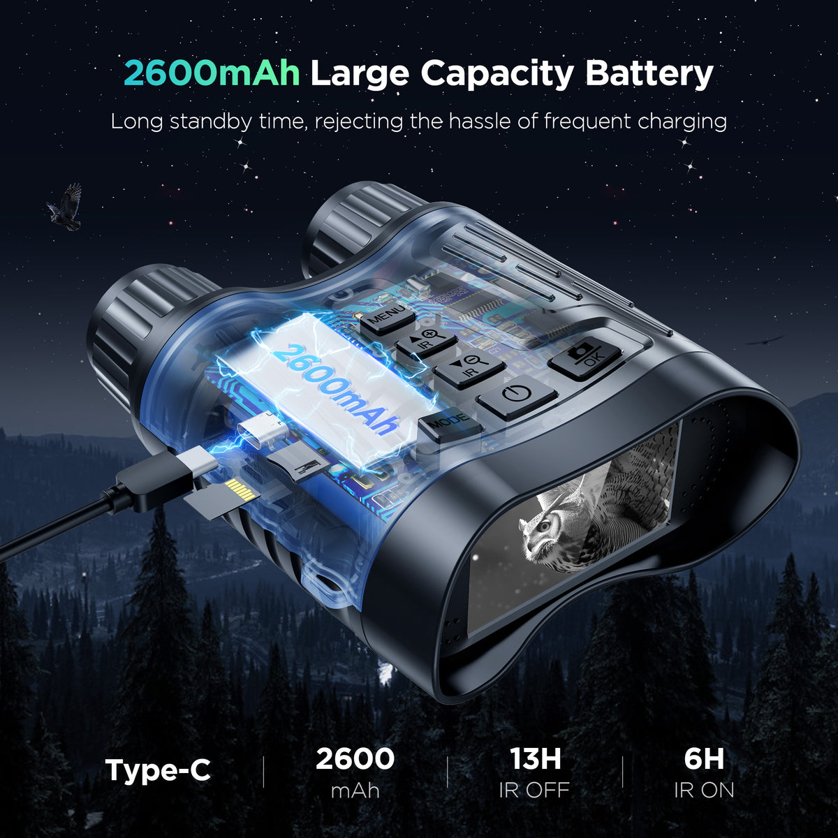 Portable device with 2600mAh battery capacity on a dark background