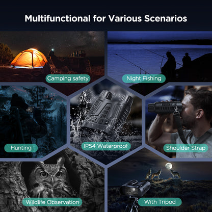 Multifunctional device for camping, night fishing, hunting, and wildlife observation with various scenarios.