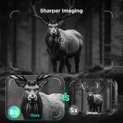 Deer in a forest with magnified images showing 'Sharper Imaging' text