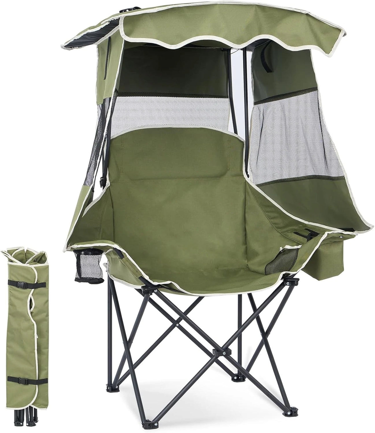 An olive green outdoor folding camp chair with an attached canopy and mesh side panels, shown on a white background with a small inset of the folded chair beside it.
