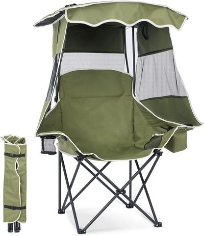 An olive green outdoor folding camp chair with an attached canopy and mesh side panels, shown on a white background with a small inset of the folded chair beside it.