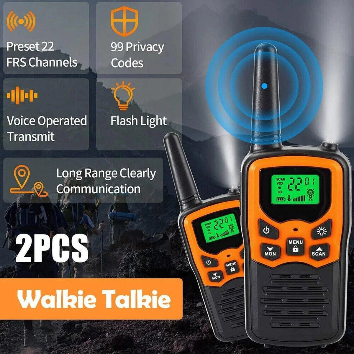 Two orange and black walkie-talkie radios shown on a dark outdoor-style background with feature callouts including preset 22 FRS channels, 99 privacy codes, voice operated transmit, flash light, long range clearly communication, and 2PCS Walkie Talkie.
