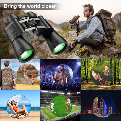 Black binoculars shown prominently in a collage-style promotional graphic, with the text 'Bring the world closer' at the top and multiple lifestyle inset scenes including a hiker, deer, concert, birdwatching, beach, soccer, and city skyline.