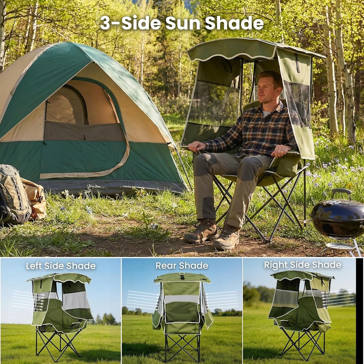 An outdoor camping scene showing a man seated in an olive green folding camp chair with a 3-side sun shade canopy next to a green and beige tent. The top text reads '3-Side Sun Shade,' and the bottom strip shows three labeled views of the same chair from left, rear, and right side.
