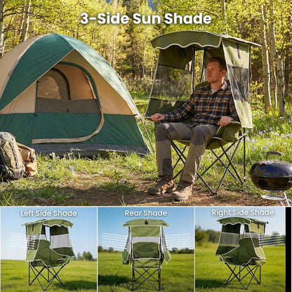 An outdoor camping scene showing a man seated in an olive green folding camp chair with a 3-side sun shade canopy next to a green and beige tent. The top text reads '3-Side Sun Shade,' and the bottom strip shows three labeled views of the same chair from left, rear, and right side.