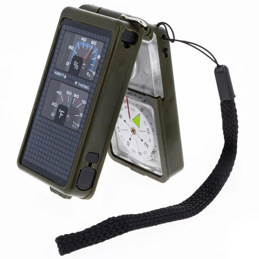 Multifunctional outdoor tool with compass and digital display on a white background