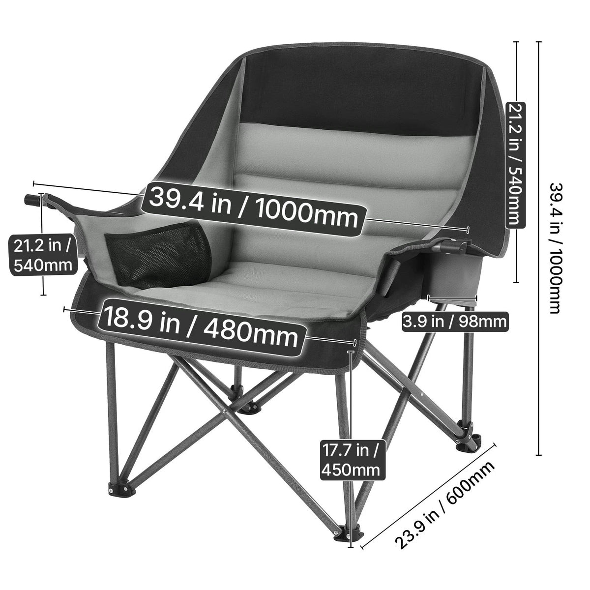 Camping chair with dimensions labeled on a white background