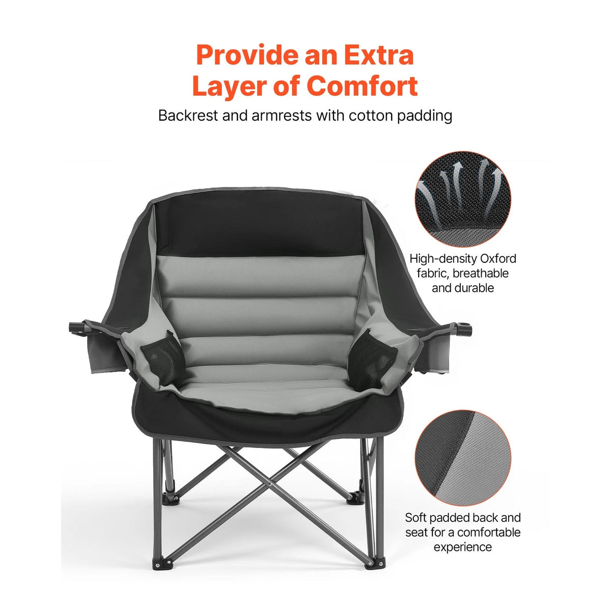Comfortable camping chair with text highlighting features on a white background
