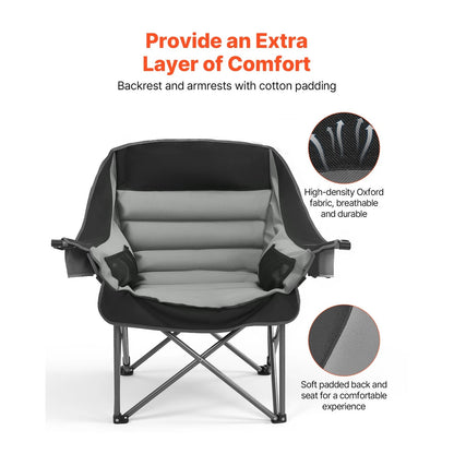 Comfortable camping chair with text highlighting features on a white background