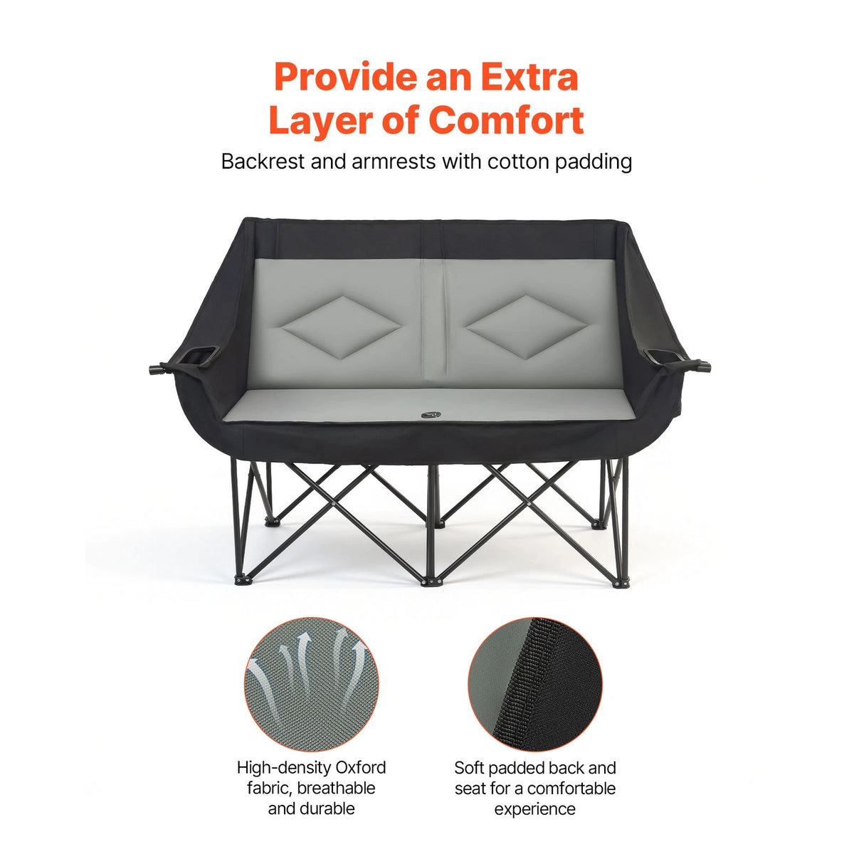Foldable camping chair with cotton padding and text highlighting comfort features on a white background.
