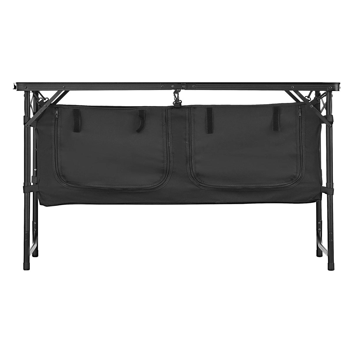 Black folding table with a black cover on a white background
