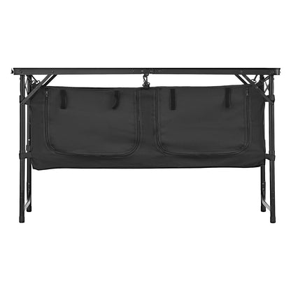 Black folding table with a black cover on a white background