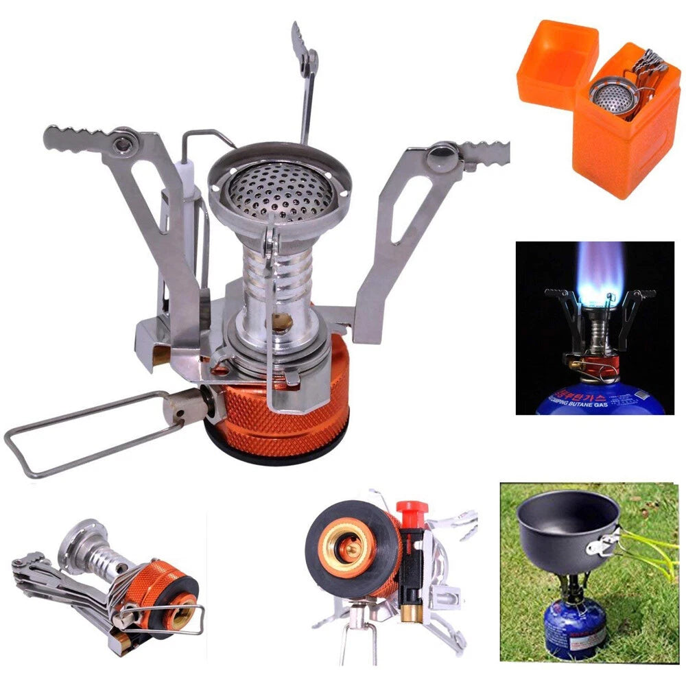 A portable folding camping stove set shown in multiple views on a white background, including the assembled stove, an orange fuel canister and lid, a lit flame demonstration, a fuel canister on grass, and close-up detail shots. No person or animal is present, so this is Product/Packaging rather than Lifestyle.