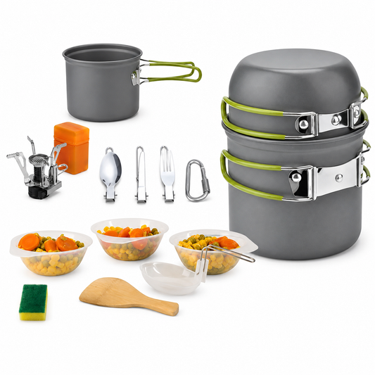 A camping cookware set arranged on a white background, including a stack of gray pots with bright green handles, a small pot, utensils, a stove, bowls with food, a wooden spoon, a sponge, and a carabiner.