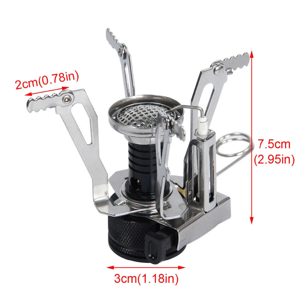 A compact stainless steel portable camping stove on a white background with red dimension arrows and text showing 2cm width, 3cm base diameter, and 7.5cm height.