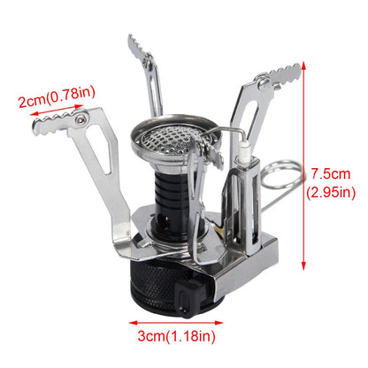 A compact stainless steel portable camping stove on a white background with red dimension arrows and text showing 2cm width, 3cm base diameter, and 7.5cm height.