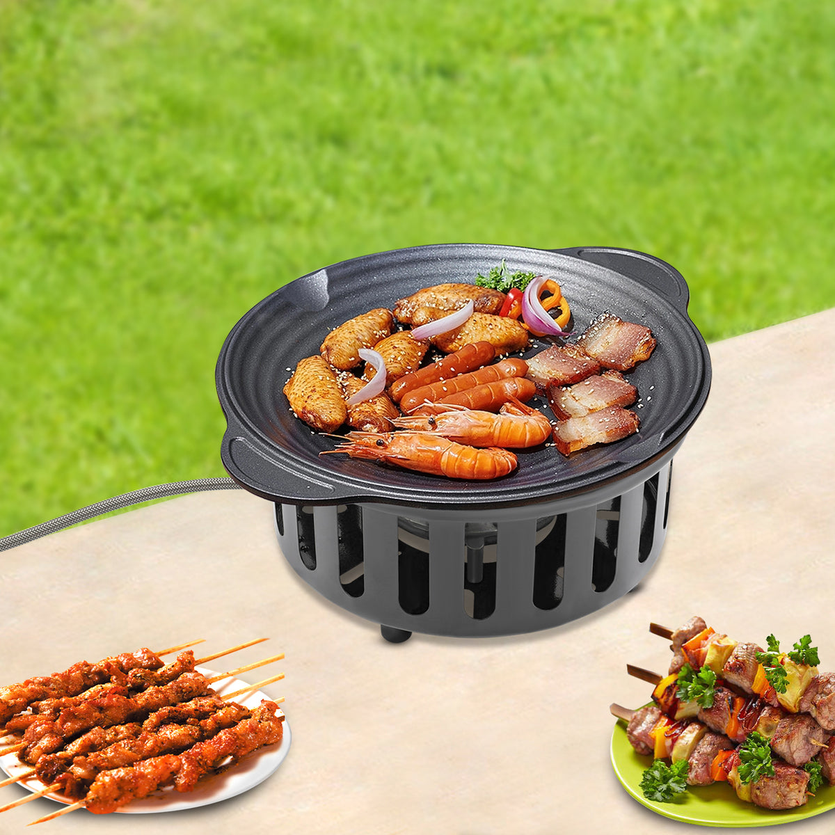 Portable camping stove with grill top cooking food outdoors