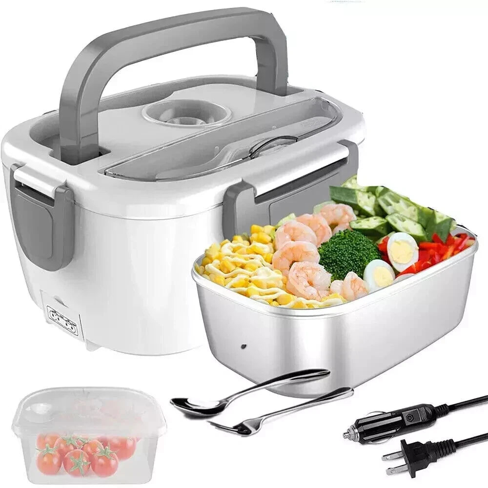 Portable electric heated lunch box with folding handle, stainless steel container, utensils, and power cables