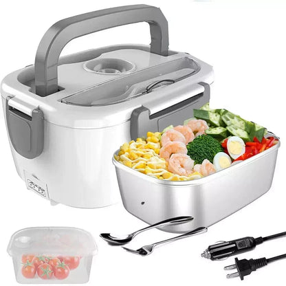 Portable electric heated lunch box with folding handle, stainless steel container, utensils, and power cables