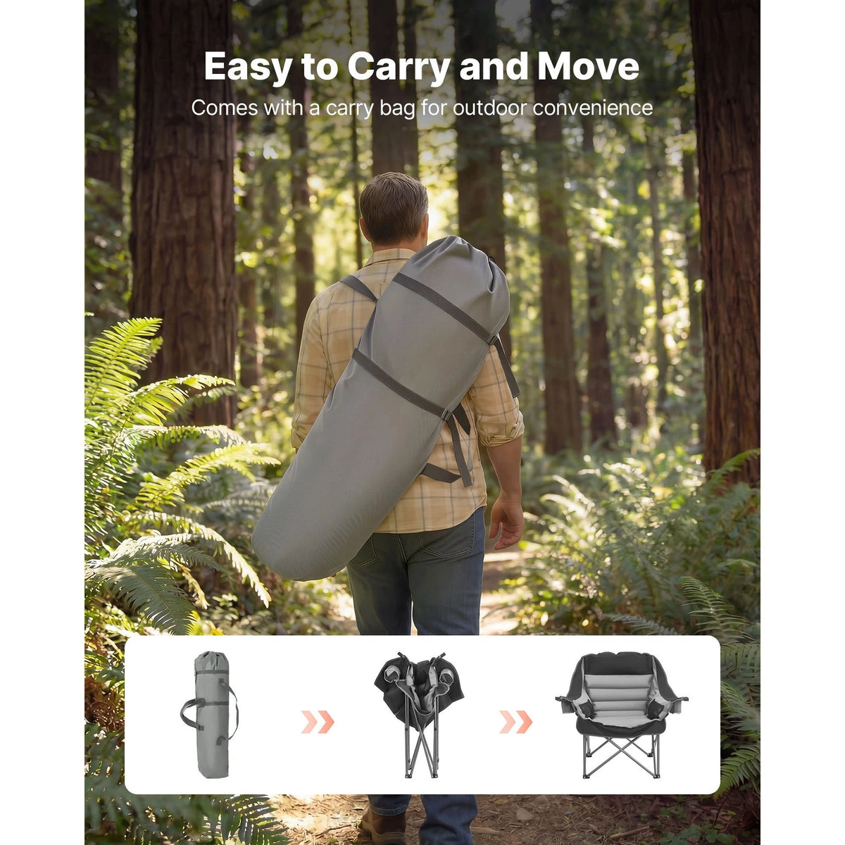 Person carrying a large gray bag through a forest with text about ease of carrying and moving.